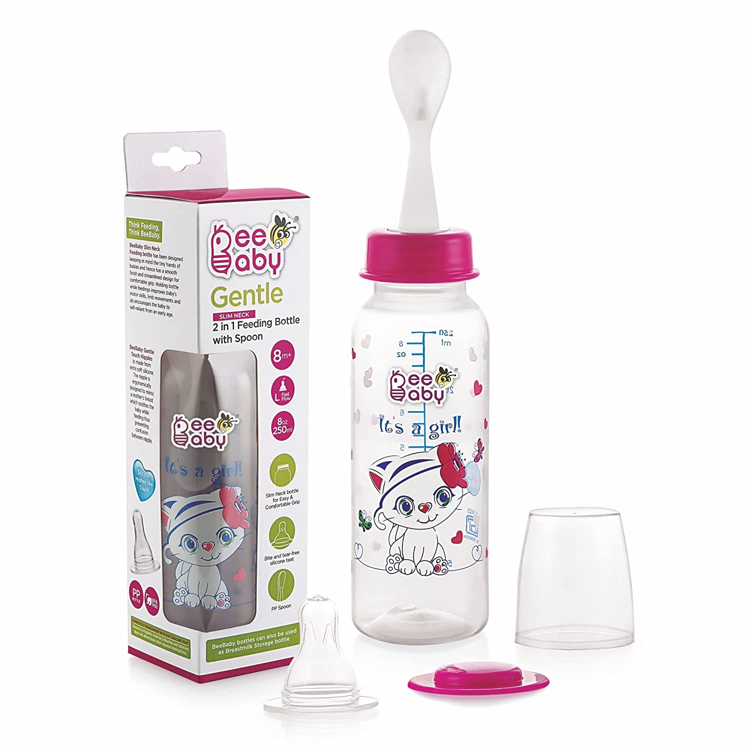 BeeBaby Gentle 2 in 1 Slim Neck Baby Feeding Bottle with Spoon