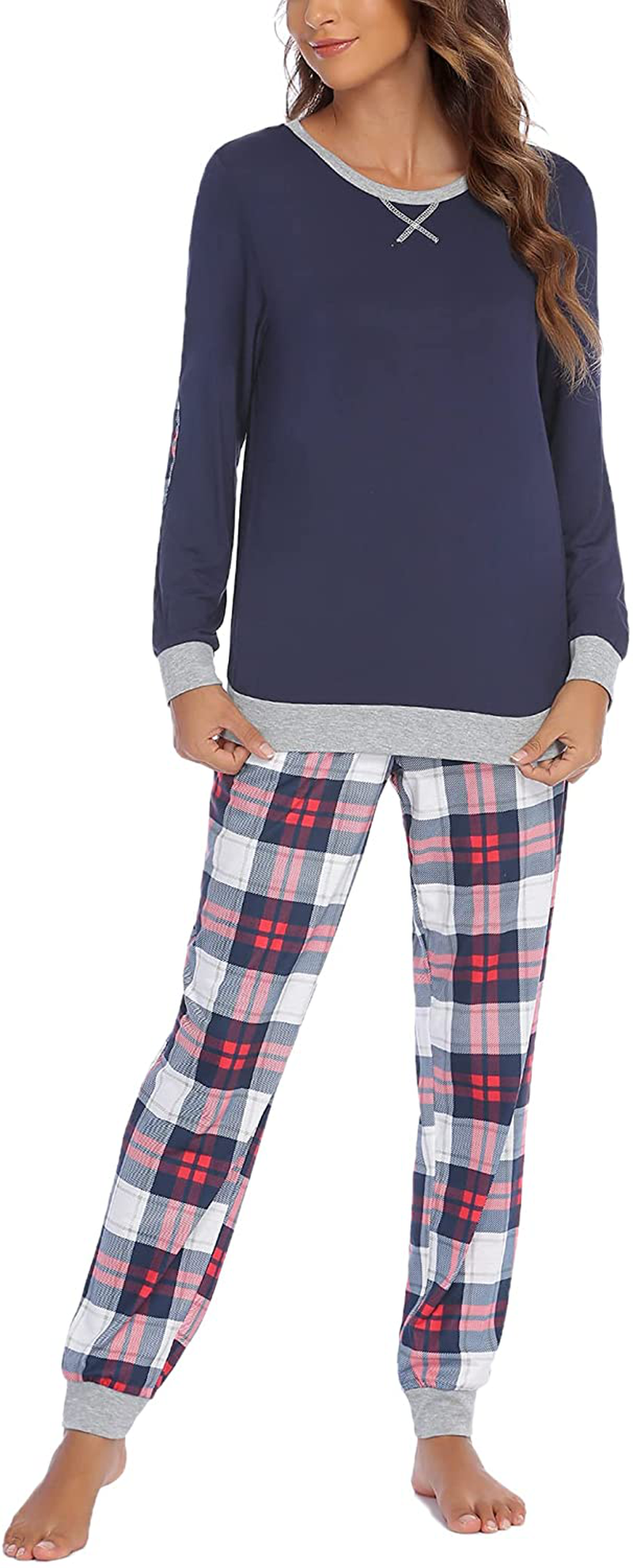 Ekouaer Women's Pajamas Sets Long Sleeve with Plaid Pants Soft Sleepwear O Neck 2 Piece Pjs Joggers Loung Set with Pockets