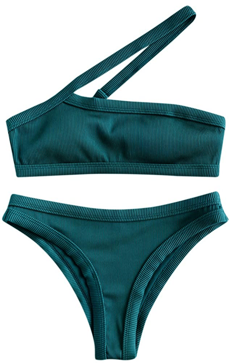 ZAFUL Women's One Shoulder Cut Out Ribbed Bandeau Bikini Set Two Piece Swimsuit