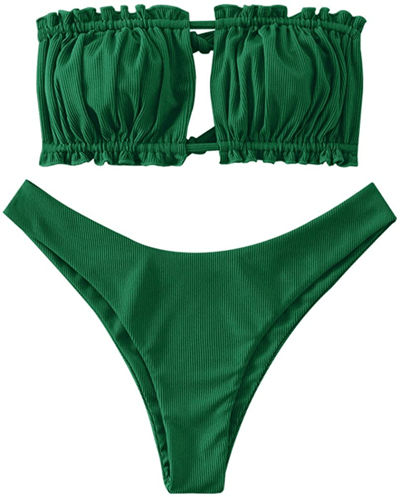 ZAFUL Women's Strapless Ribbed Tie Back Ruffle Cutout Bandeau Bikini Set Swimsuit