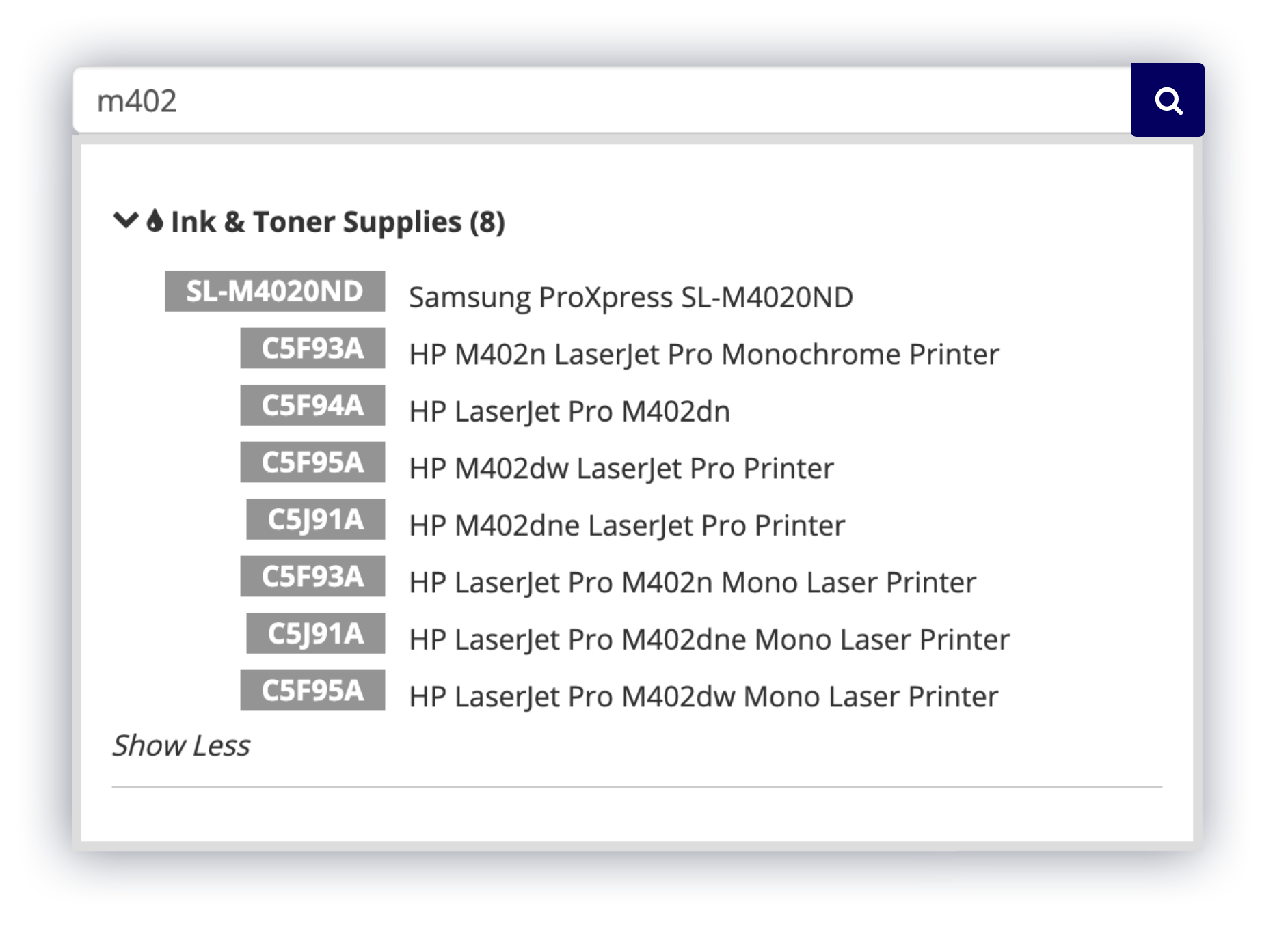 A search bar displaying ink and toner supply results