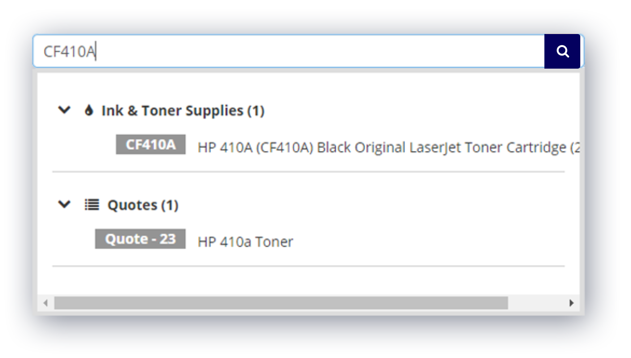 A search bar displaying ink and toner supply results