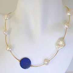 Fresh Water Pearl Lapis Lazuli "Tin Cup" 14K gold filled necklace