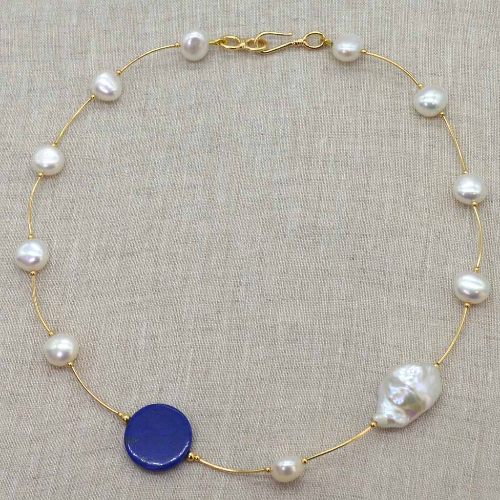Fresh Water Pearl Lapis Lazuli "Tin Cup" 14K gold filled necklace