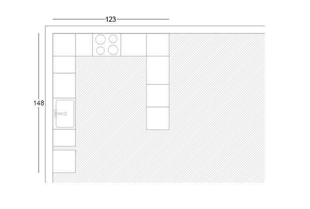 U shaped kitchen layout.