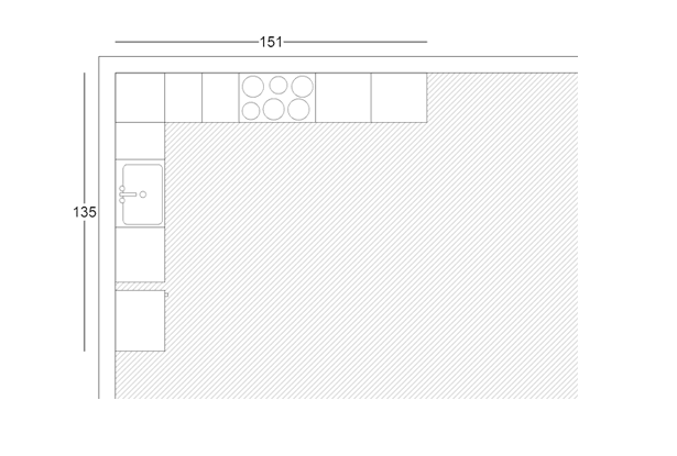 L shaped kitchen layout.