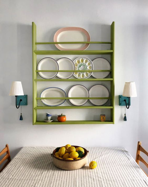 Green decorative kitchen shelving. 