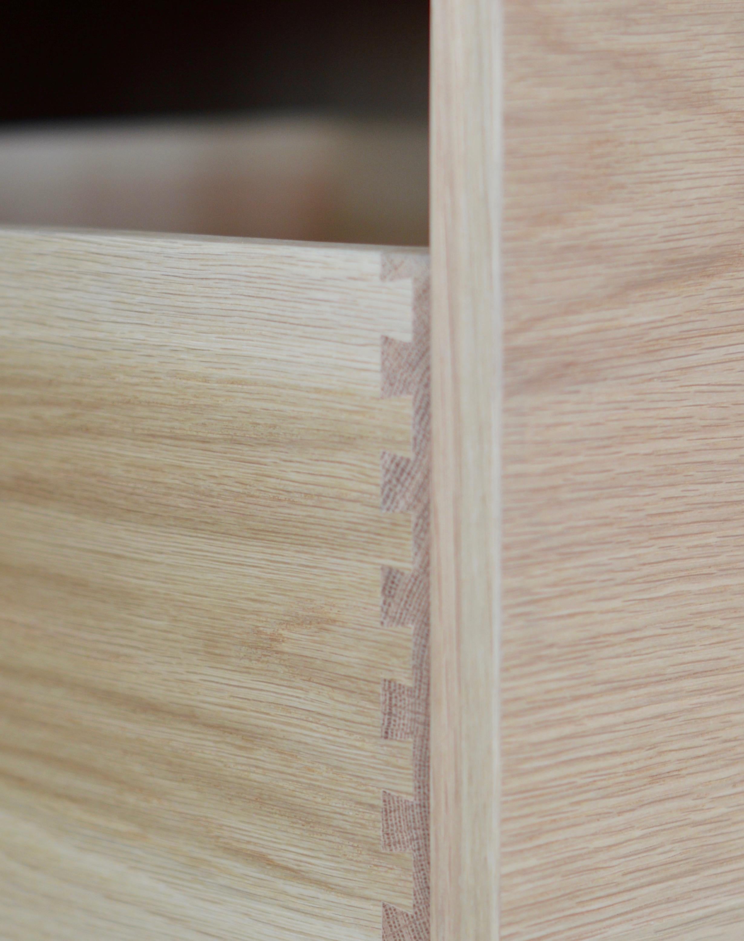 Coquo cabinet dove-tail assembly detail. Solid oak drawer.