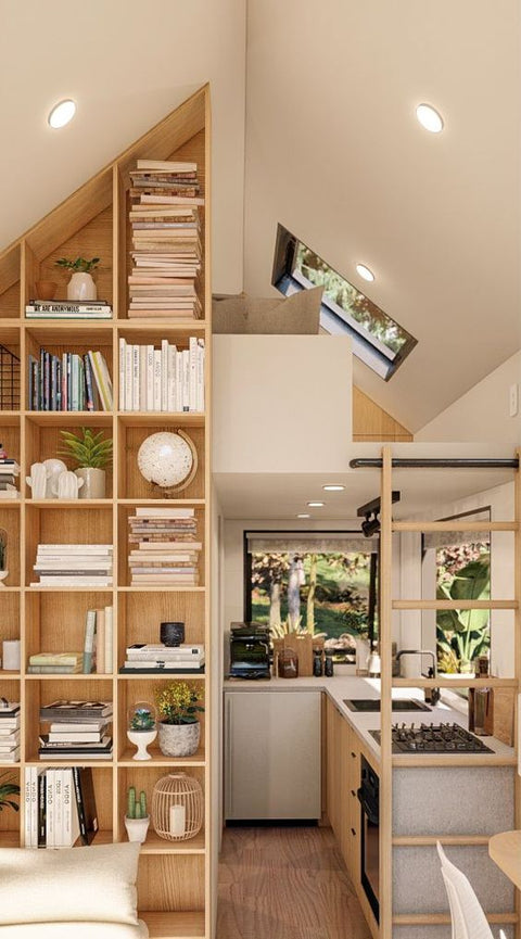 Tiny house concept, all wood tall custom shelving unit and bedroom mezzanine. 