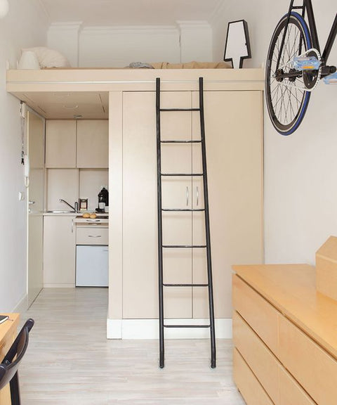 Small loft, tiny house concept, tiny kitchen, monochrome feel with bedroom mezzanine. 