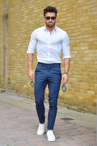 man wearing White Shirt And Blue Trousers Combination