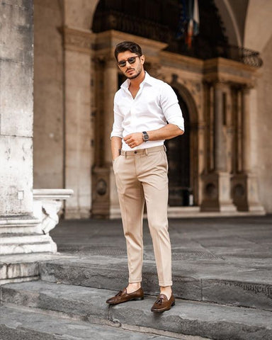 Man wearing White Shirt And Beige Trousers Combination