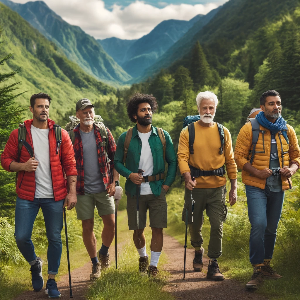 AI image of 5 guys hiking in the mountains