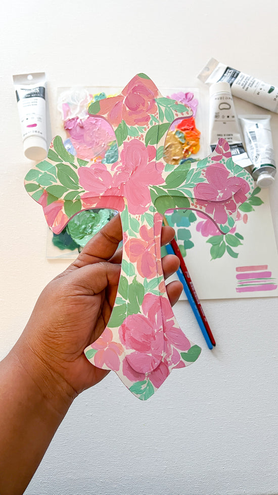 Pink Hand Painted Cross - Floral + Striped Patterns