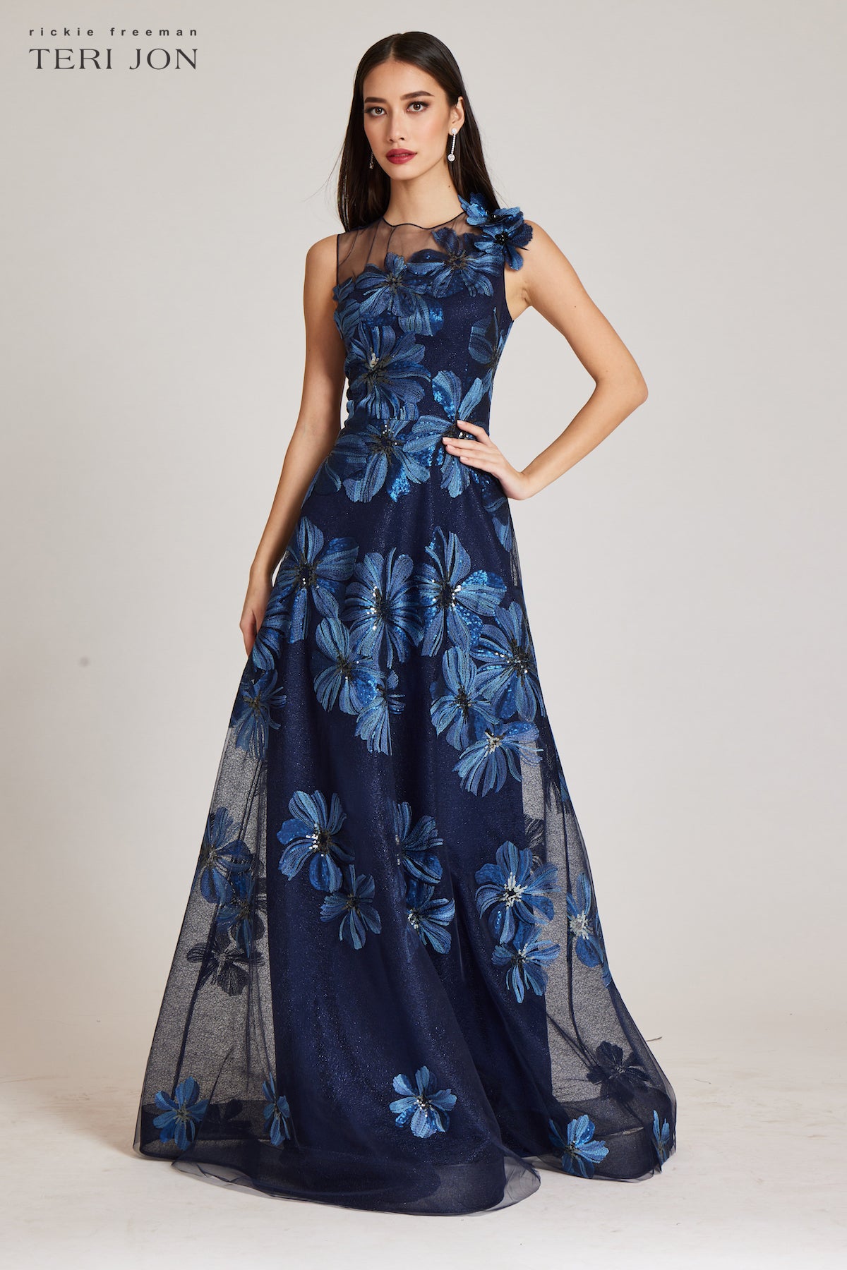 Floral Embroidered Tulle Gown With 3D Flower - Terijon.com product image