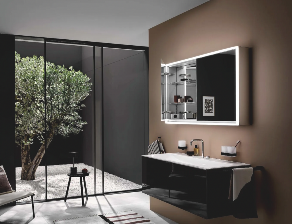 brown bathroom with emco pure set