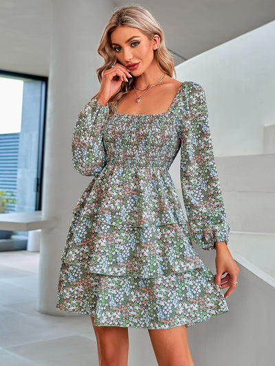 Floral Square Neck Smocked Layered Dress - Fashion By Finesse