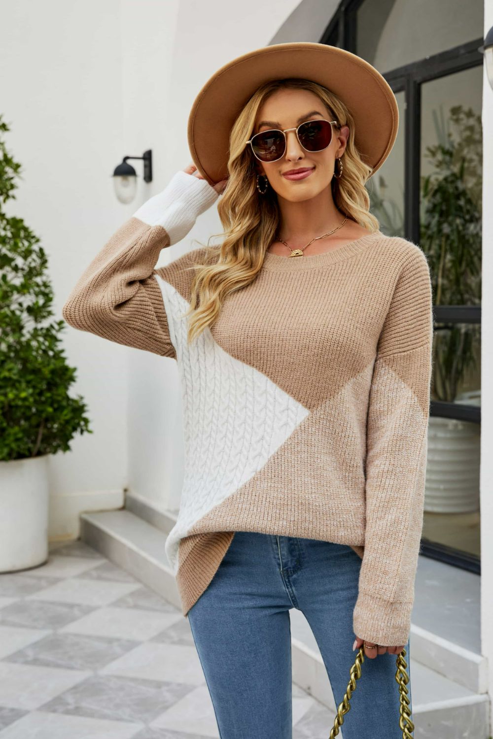 Color Block Rib-Knit Round Neck Sweater - Fashion By Finesse