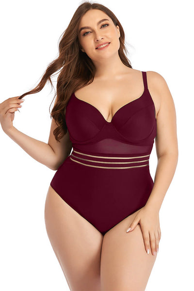 Plus Size Spliced Mesh Tie-Back One-Piece Swimsuit - Fashion By Finesse