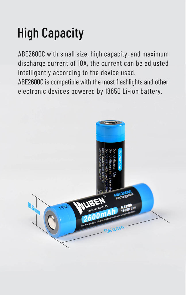 WUBEN | RECHARGEABLE 18650 MOD. ABE2600C - Batteria di ricambio