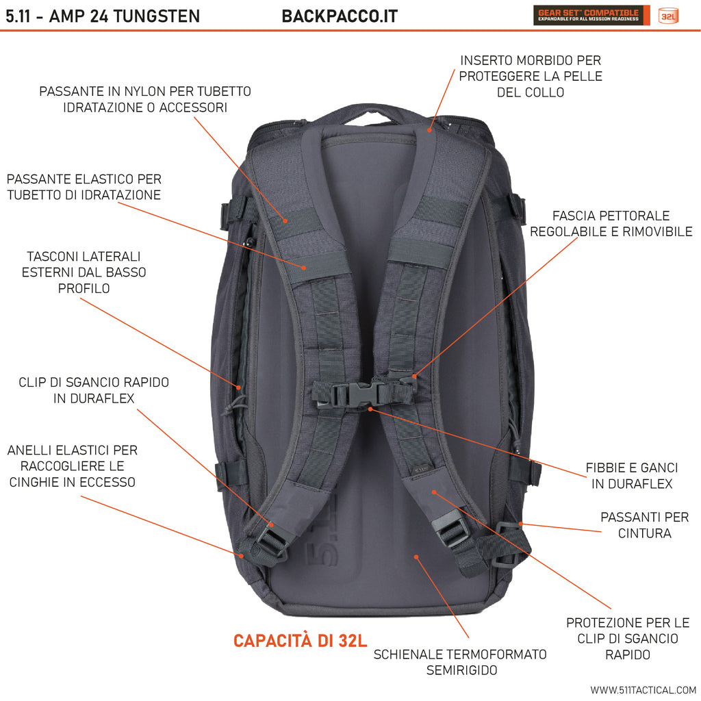 immagine esplicativa con tutte le caratteristiche dello zaino amp24 di 5.11 con tutti i dettagli e le tasche del retro