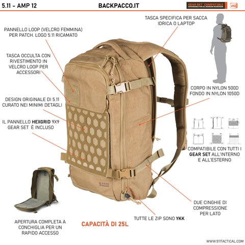 grafica dello zaino amp12 di 5.11 tactical con tutte le caratteristiche e accessori