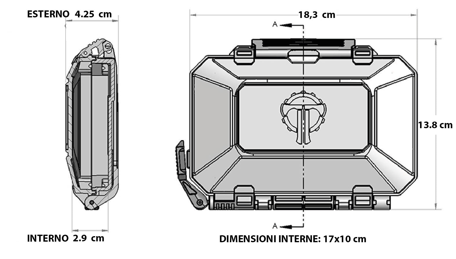 Grafica con le quote e le dimensioni del darkVoult di thyrm su backpacco