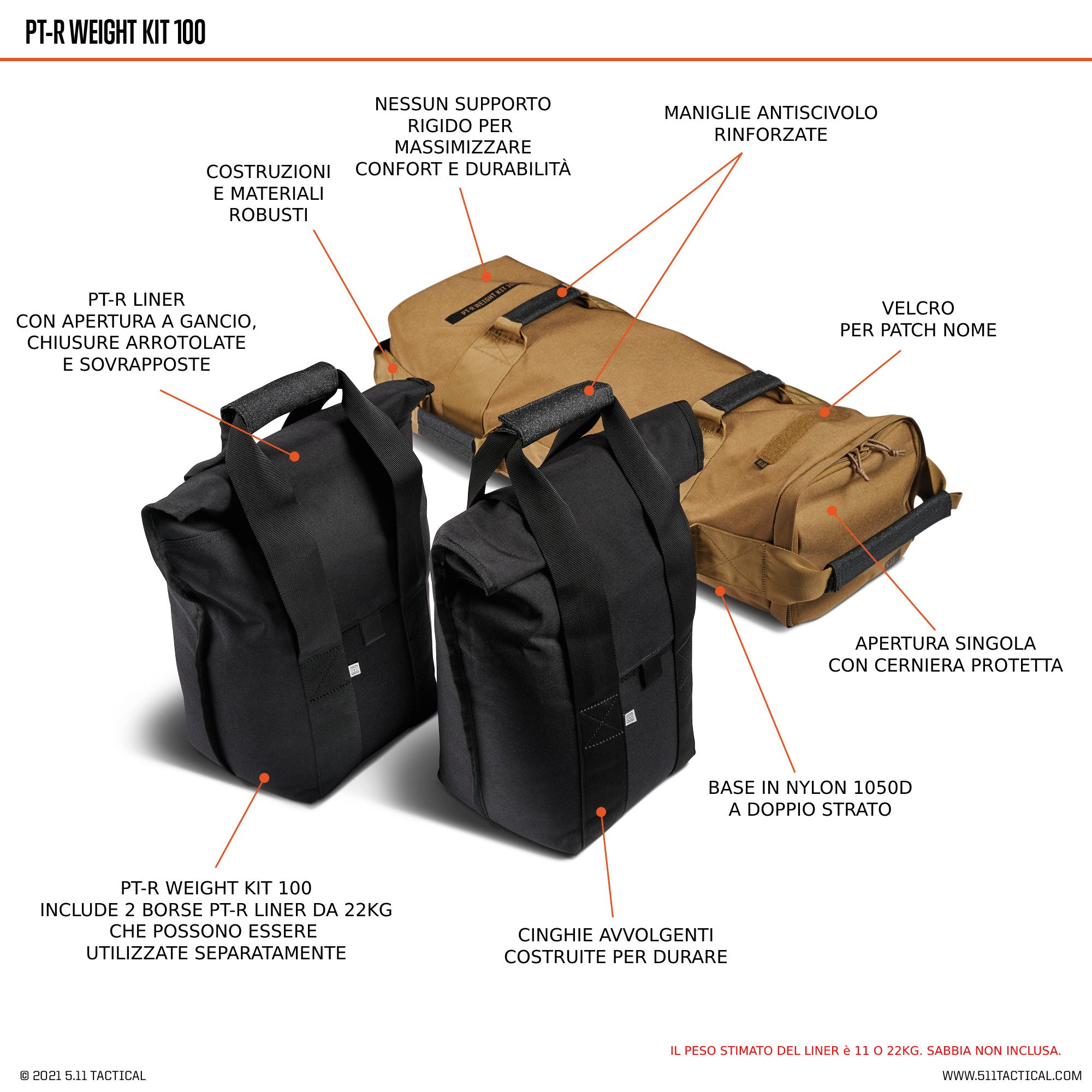 infografica con tutte le caratteristiche del pt-r weight 100 di 5.11 tactical