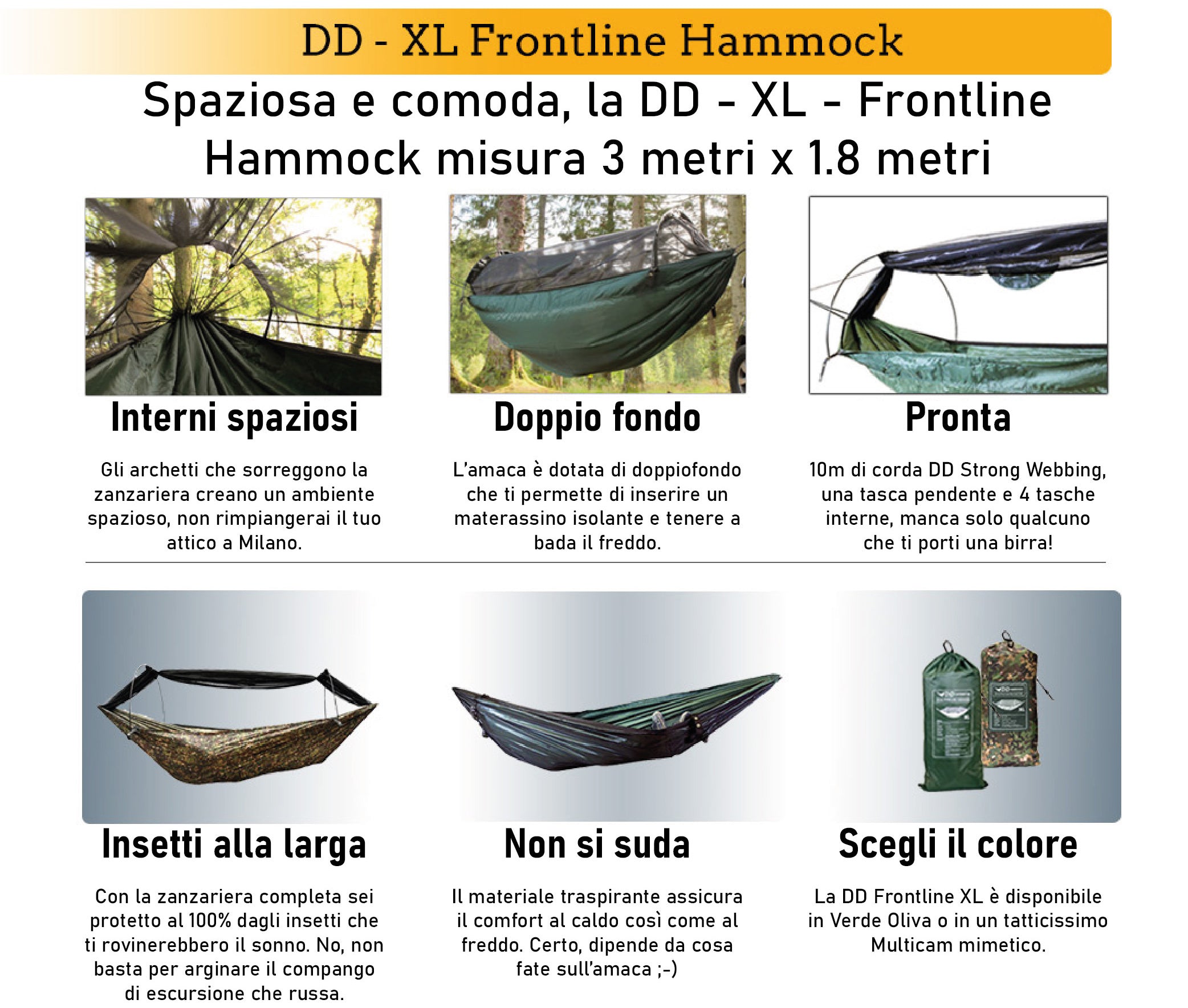 grafica dd hammocks frontiline XL con spiegazione delle caratteristiche in italiano 1000x1000px