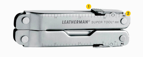 Leatherman Super Tool 300 chiuso con caratteristiche esterne numerate