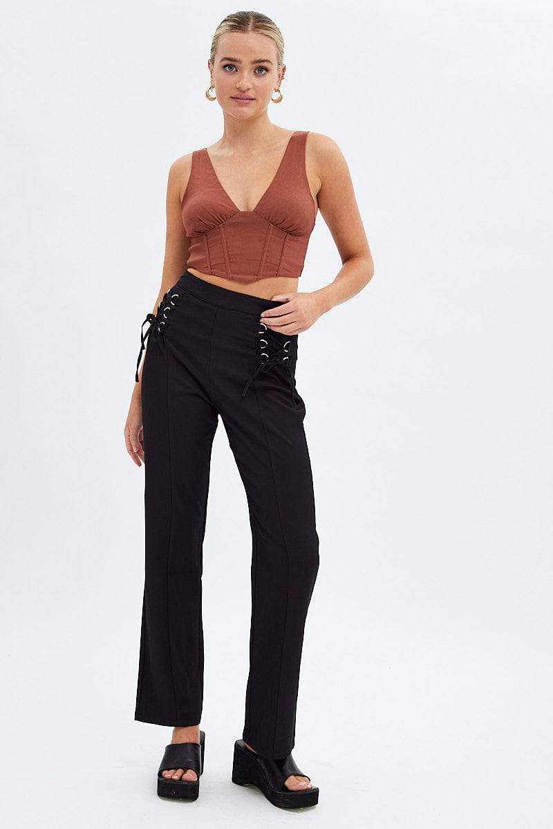 White Rib Lace Up Detail High Waisted Flare Leg Trousers