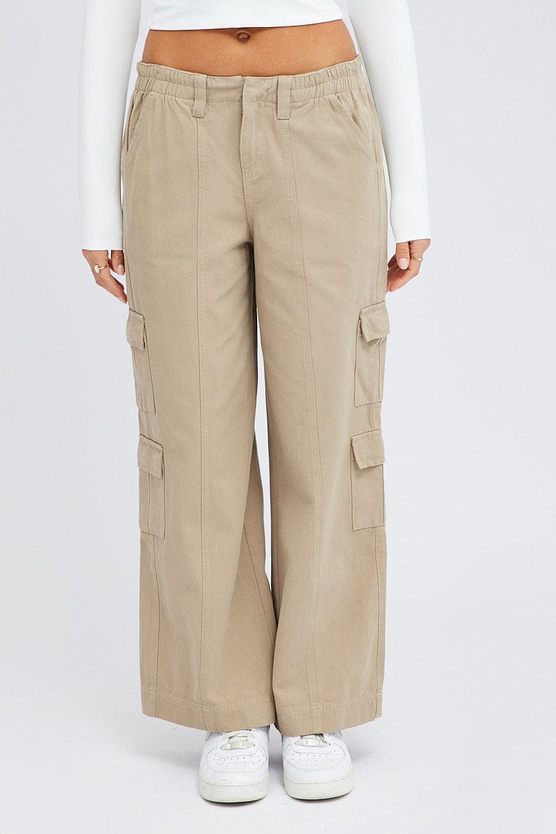 Beige Elastic Waist High Rise Wide Leg Cargo Pants