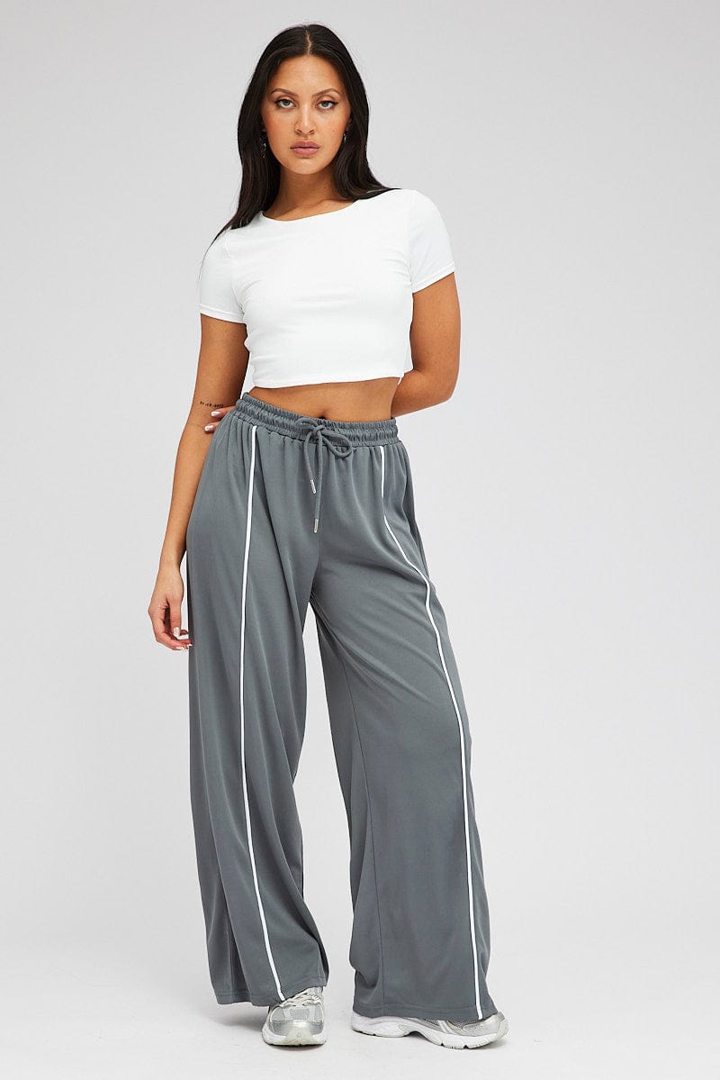 Grey Wide Leg Track Pants High Rise