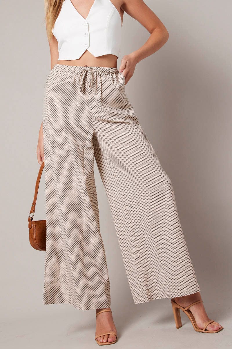 Beige Wide Leg Pants High Rise