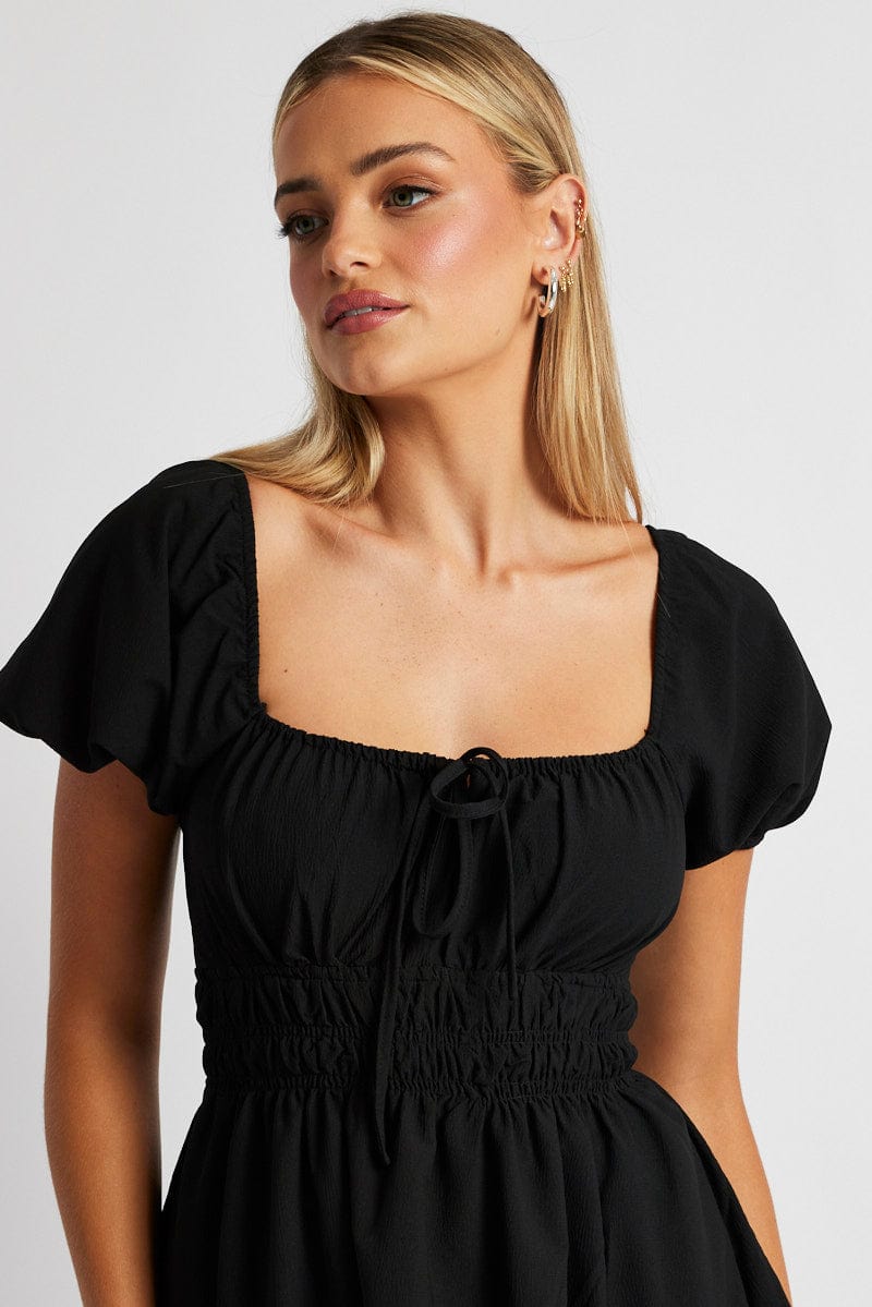 Avery Black Ruched Midi Dress – Moreno's Wear