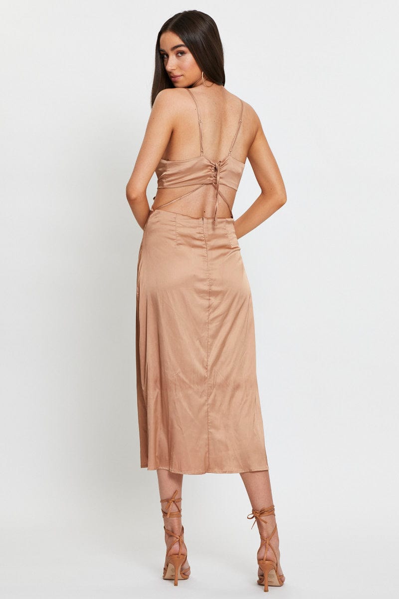 brown midi satin dress