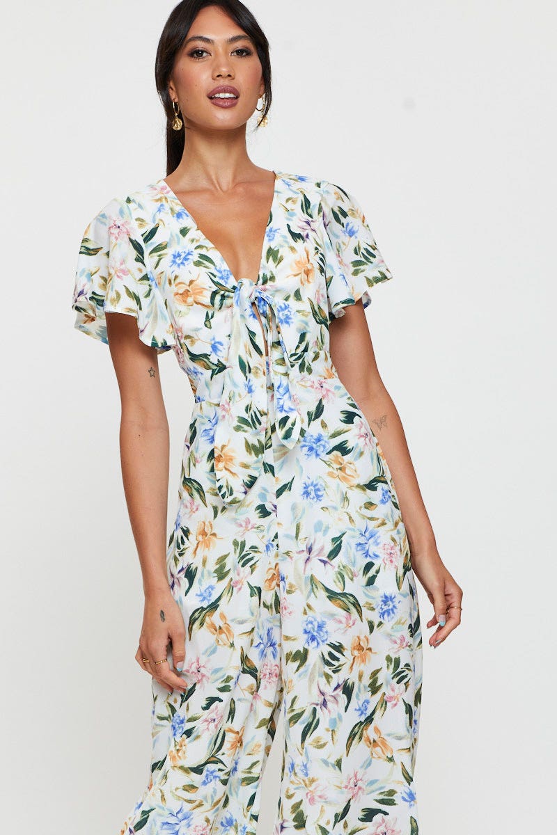 floral print short sleeve wide leg jumpsuit