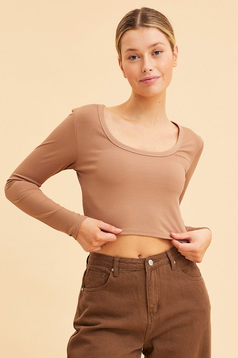 Premium Ribbed Scoop Neck Long Sleeve Crop Top