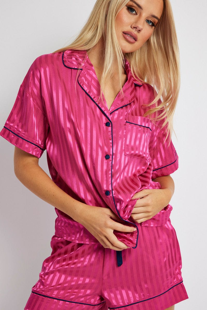 Pink Satin Jacquard Stripe Cami Pj Set