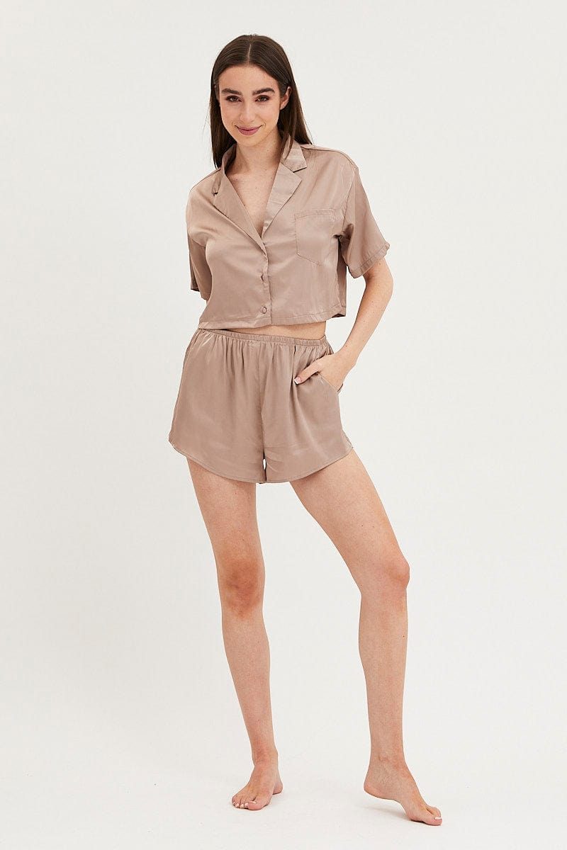 Brown Satin Pajamas Short Sleeve | Fashion