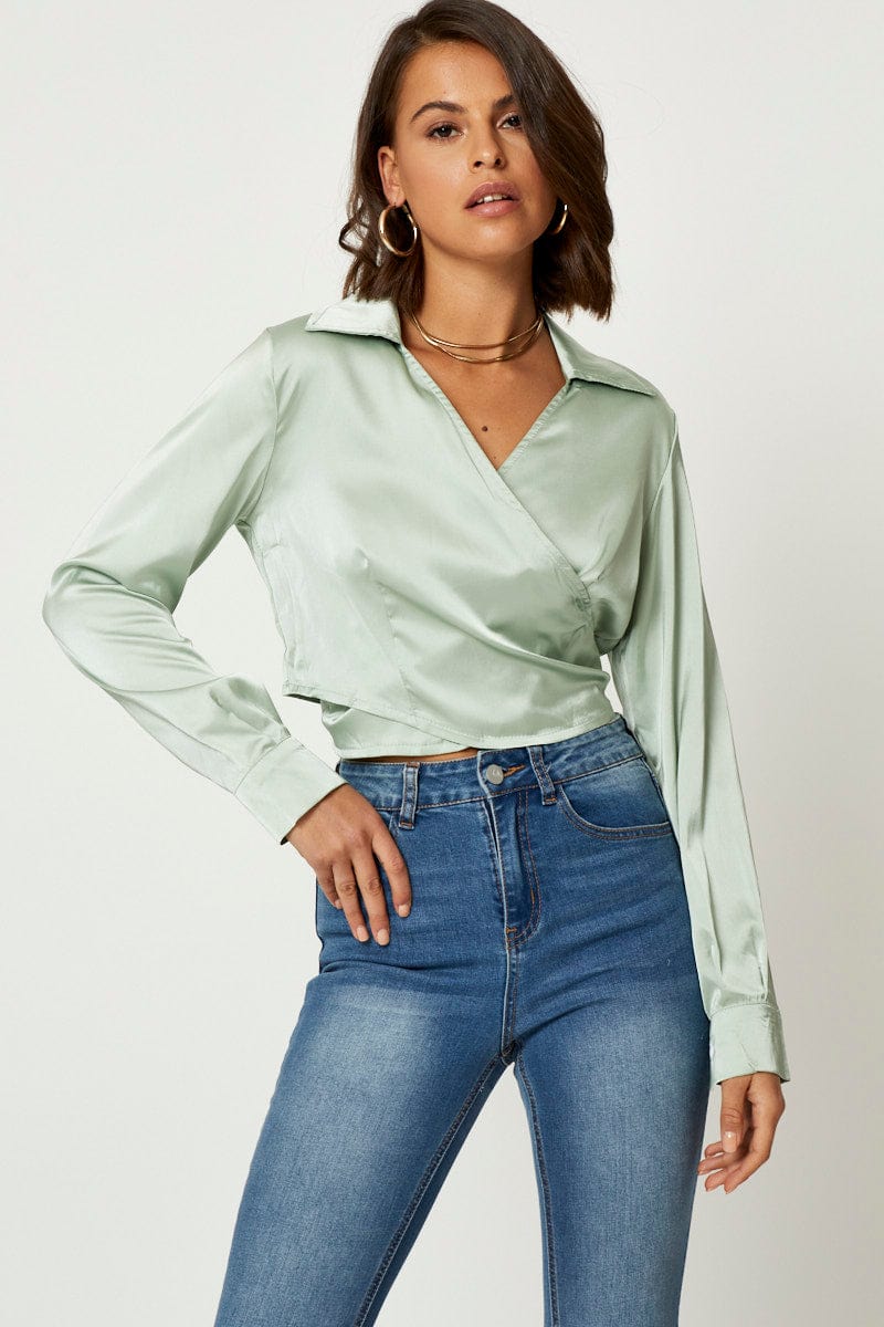 Women’s Green Satin Wrap Shirt | Ally Fashion