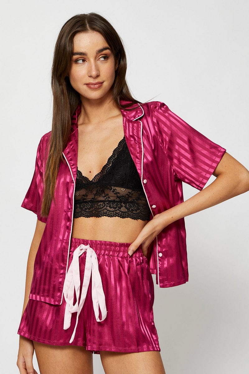 Striped Jacquard Contrast Piping Satin PJ Set