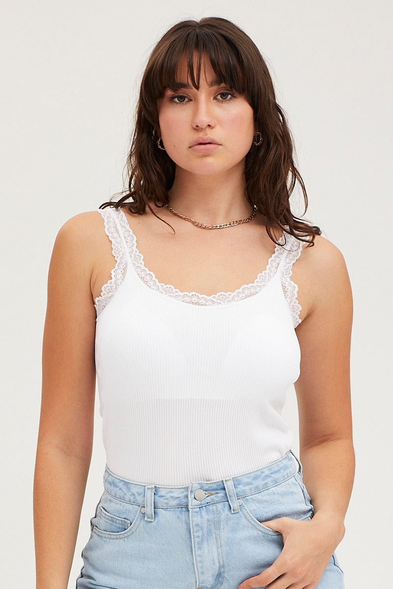 Timik - Halter Plain Lace Trim Denim Bralette Top / High Waist