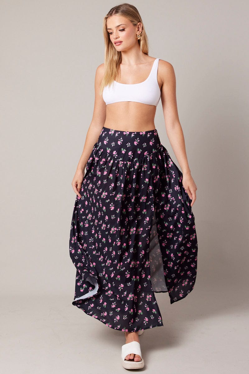 The Floral Slit High Waisted A-line Skirt - Floral Print A Line High  Waisted Skirts - Black - Bottoms