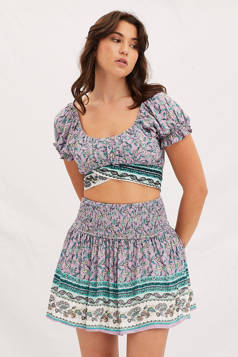 Shirred Back Printed Hippie Crop Top