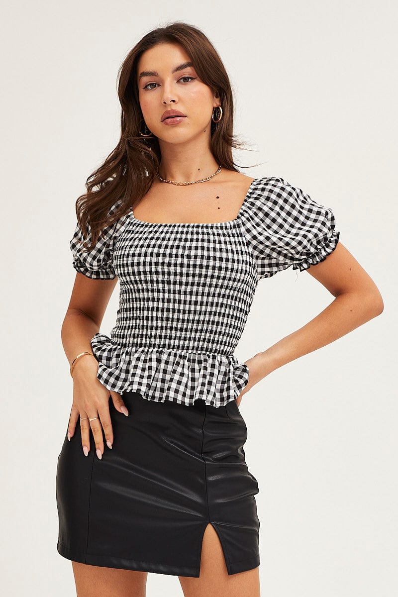 Women’s Check Gingham Puff Sleeve Shirred Top | Ally Fashion