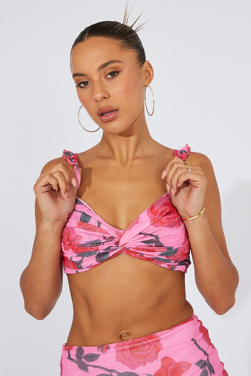 Missguided Satin Tropical Print Ruffle Bralette Crop Top size 12