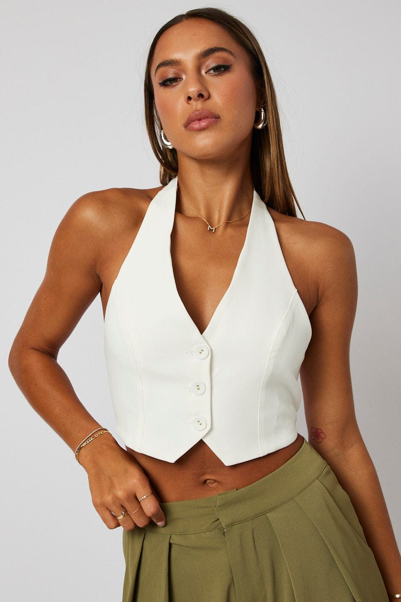Women's Stretchy Halter Style Tank Top - White