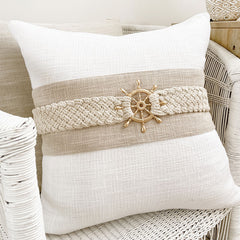 Natural coastal cushion with sailors wheel and natural stripe. Coastal home and beachy pillows