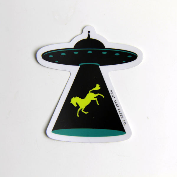 funny horse sticker for equestrians with a horse getting abducted by aliens in ufo.